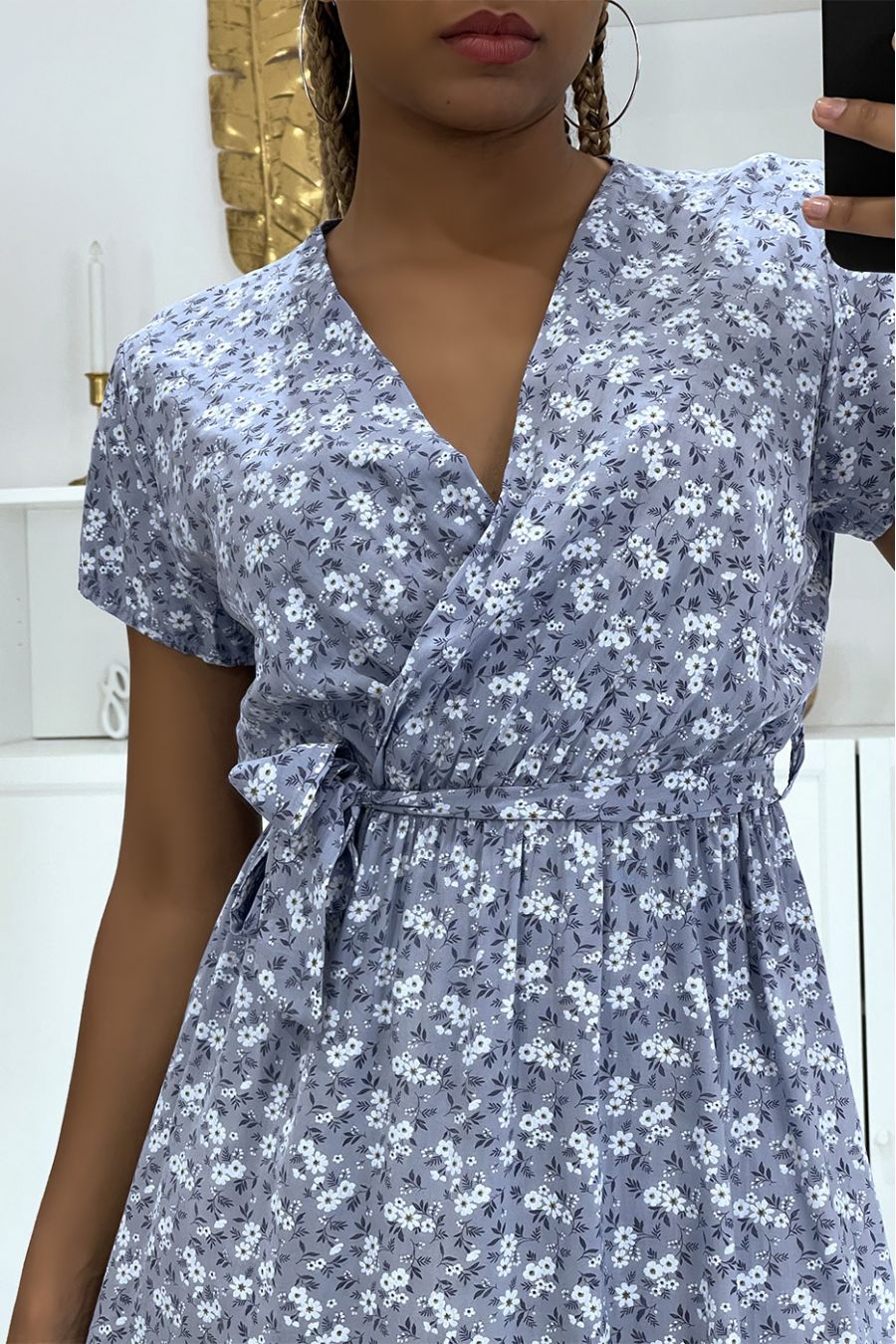 Robe tunique bleu fleurie à col V et ceinture à la taille légère et confortable - 4