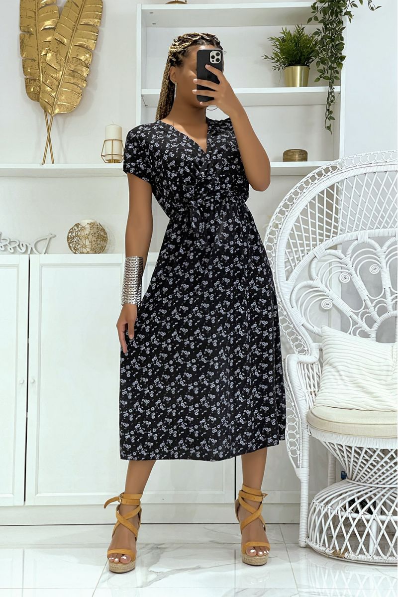 Black floral tunic dress with V-neck and belt at the light and comfortable waist - 1