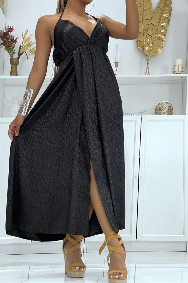 Long black satin wrap dress with leopard relief and thin straps, essential for the season - 1