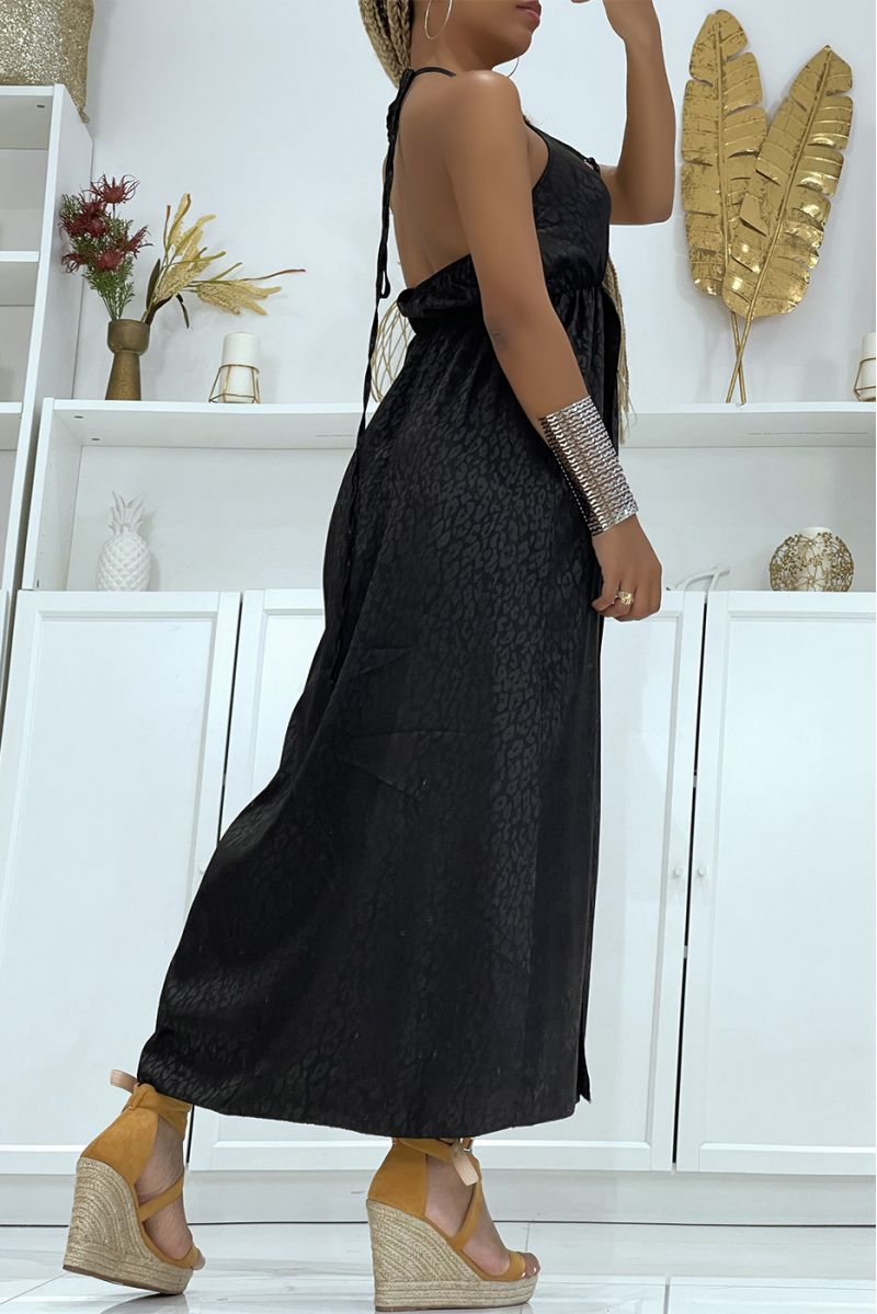Long black satin wrap dress with leopard relief and thin straps, essential for the season - 3