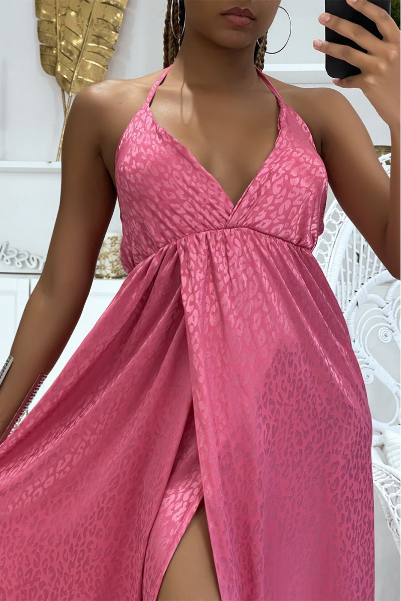 Long satiny pink wrap dress with leopard relief and thin straps, essential of the season - 1