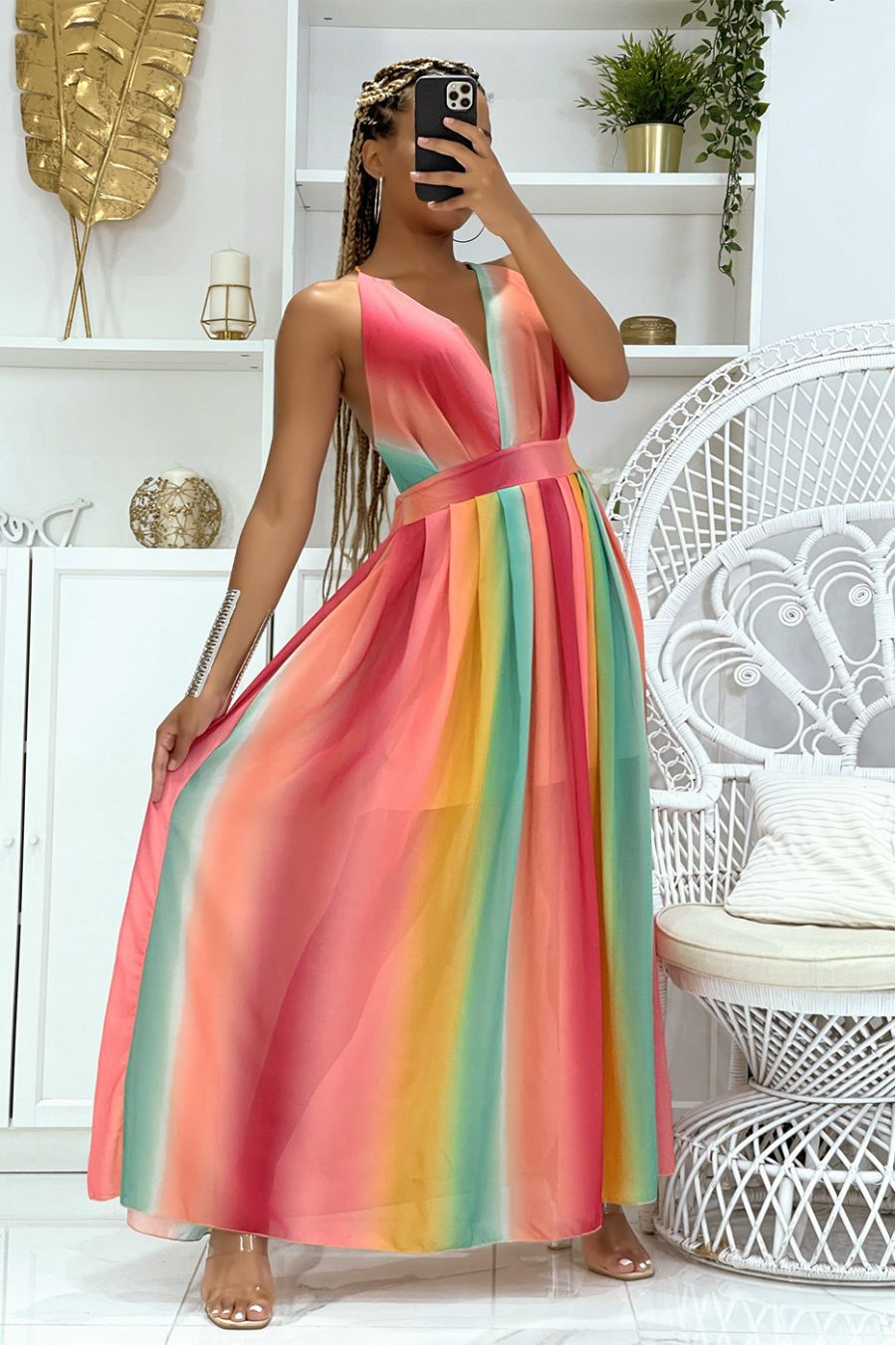 Lange bordeauxrode jurk met blote rug en V-hals in de taille - 1