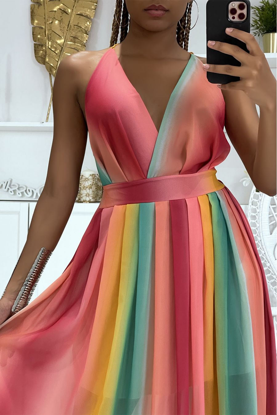 Long rainbow burgundy dress with bare backs and V-neck fitted at the waist - 3