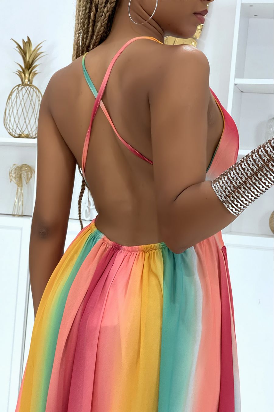 Robe longue arc en ciel bordeaux dos nus et col V cintrée à la taille - 4