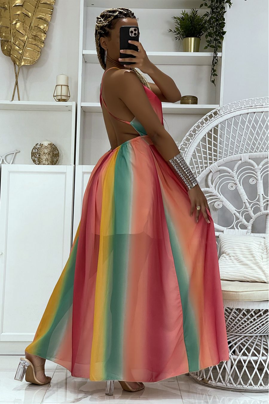 Long rainbow burgundy dress with bare backs and V-neck fitted at the waist - 5