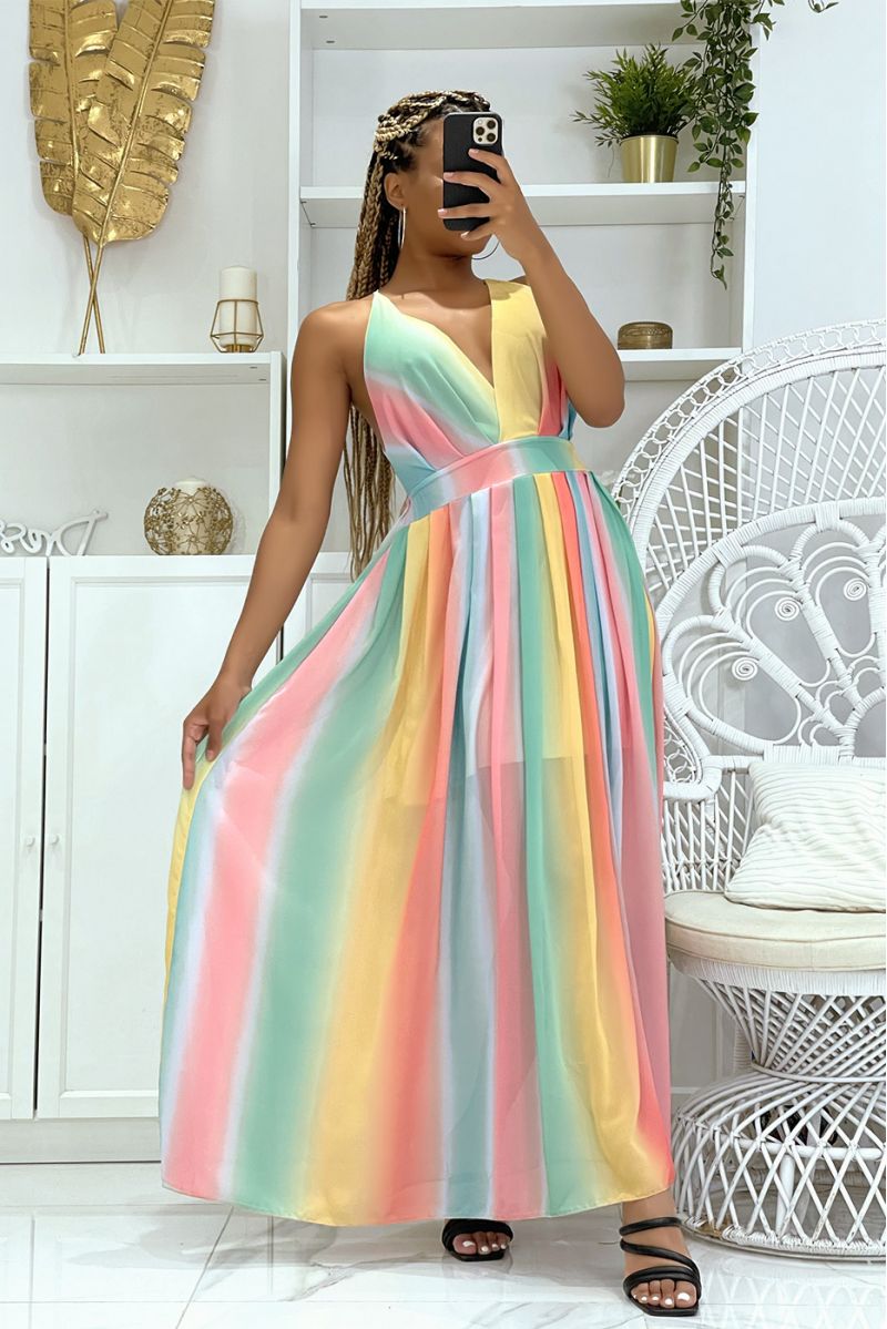 Long rainbow pink dress with bare backs and V-neck fitted at the waist - 1