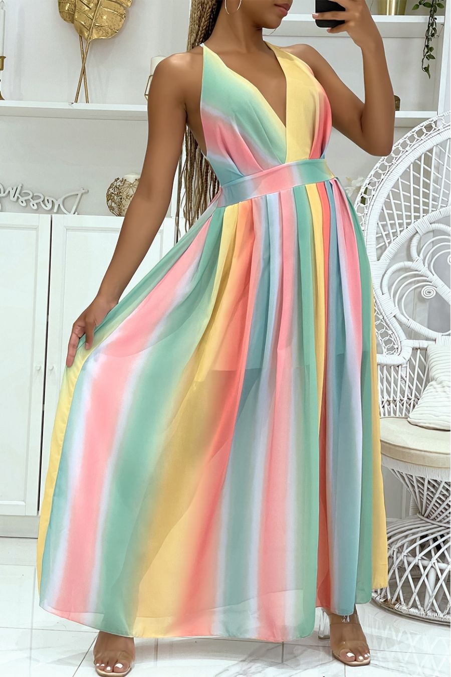 Robe longue arc en ciel rose dos nus et col V cintrée à la taille - 2