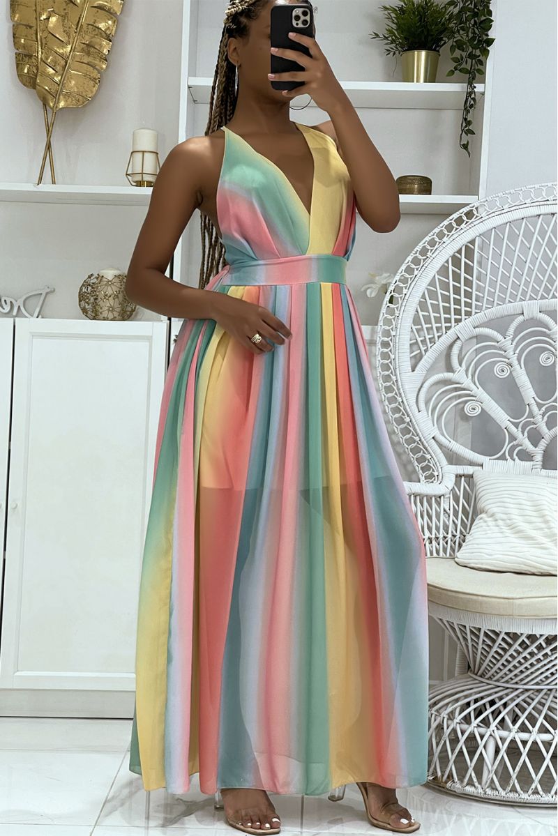 Robe longue arc en ciel rose dos nus et col V cintrée à la taille - 3