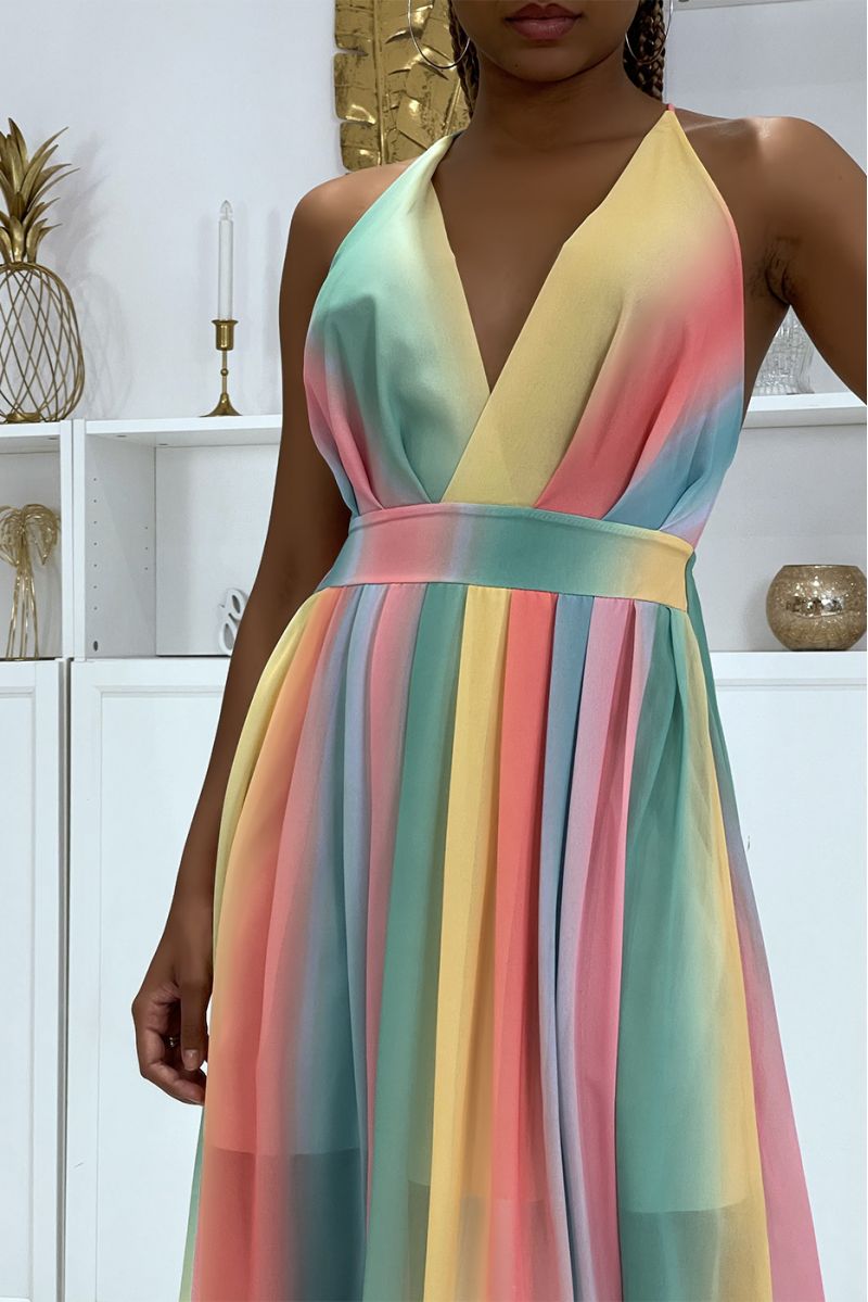 Long rainbow pink dress with bare backs and V-neck fitted at the waist - 4