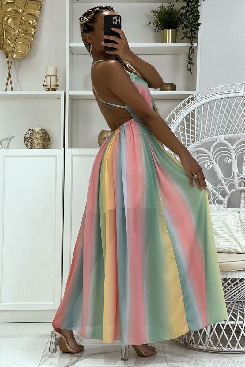 Robe longue arc en ciel rose dos nus et col V cintrée à la taille - 5