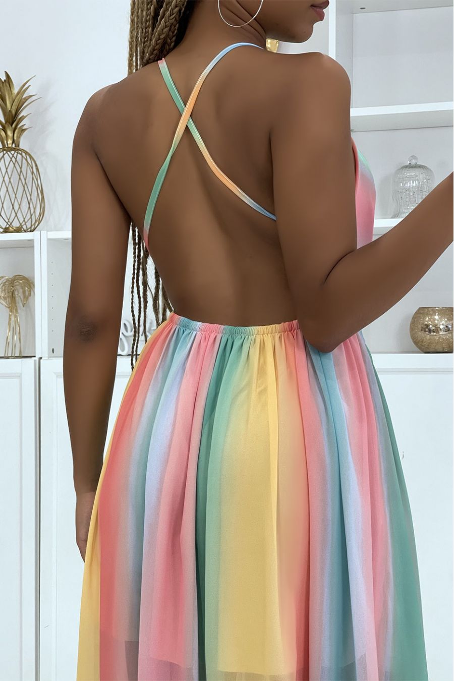 Robe longue arc en ciel rose dos nus et col V cintrée à la taille - 6
