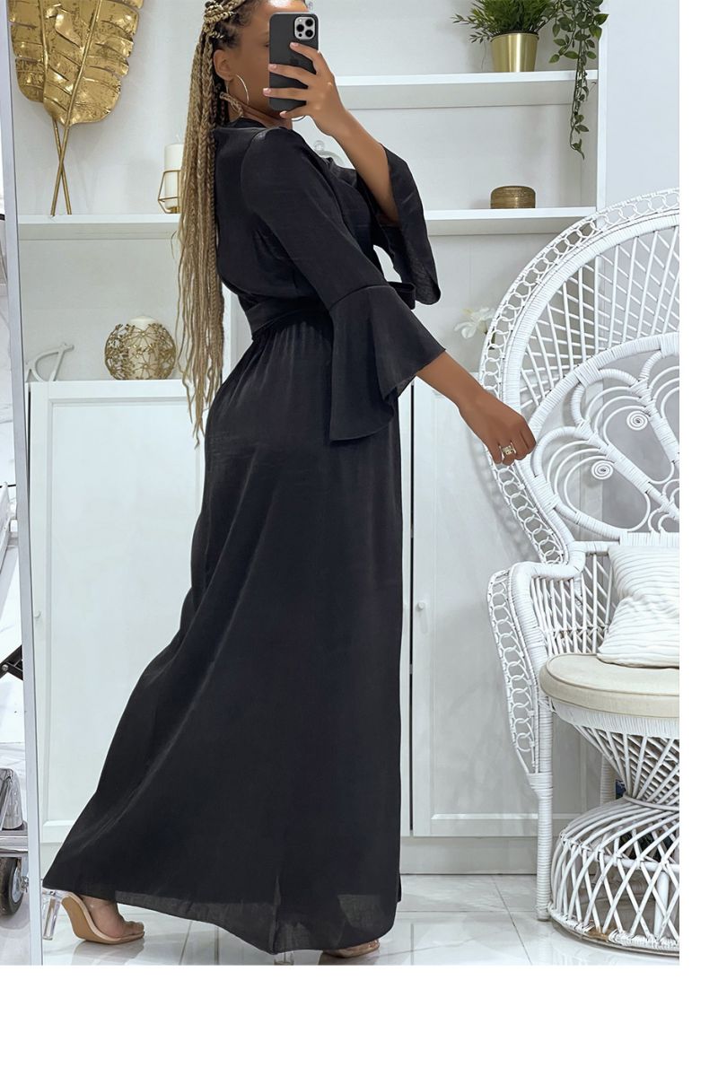 Long black wrap dress thick material with pretty shiny reflections lined with a mid-length petticoat - 2
