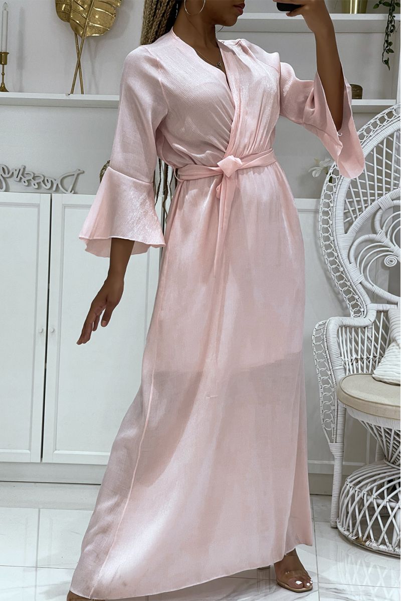 Long pink wrap dress in thick material with pretty shiny reflections lined with a mid-length petticoat - 1