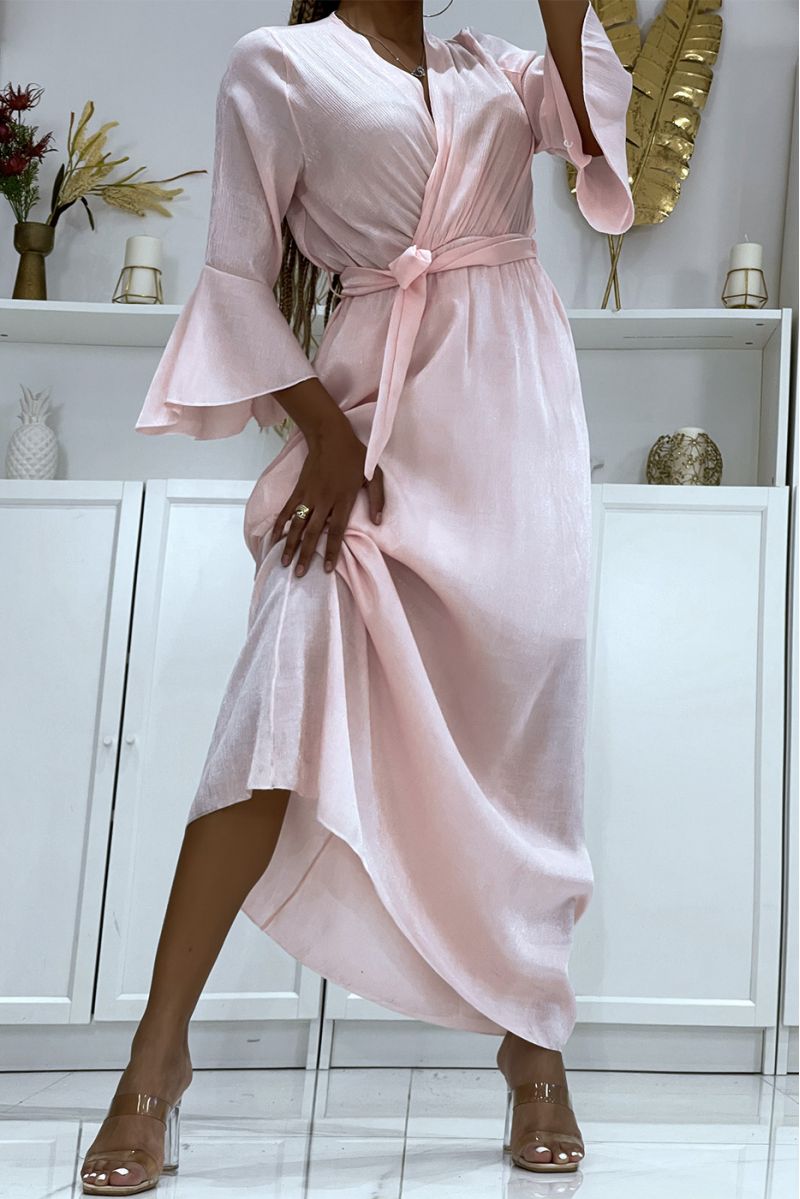 Long pink wrap dress in thick material with pretty shiny reflections lined with a mid-length petticoat - 2