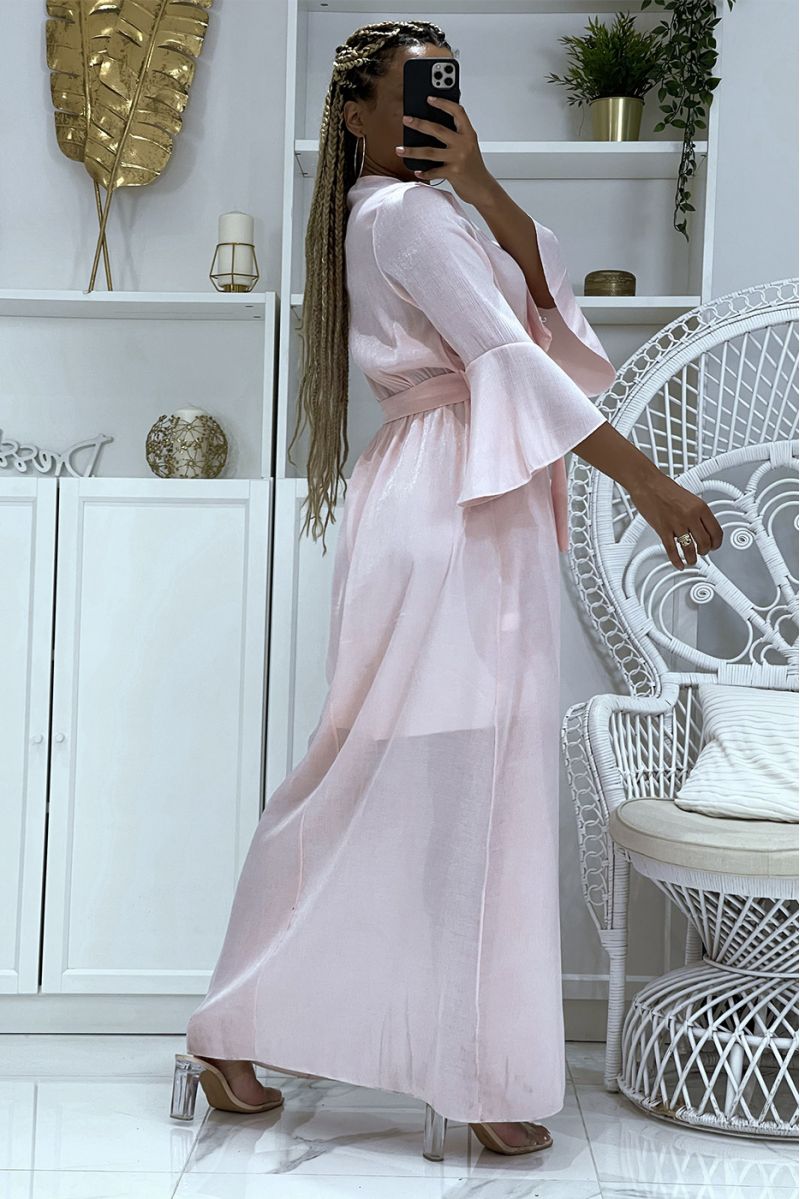 Long pink wrap dress in thick material with pretty shiny reflections lined with a mid-length petticoat - 3