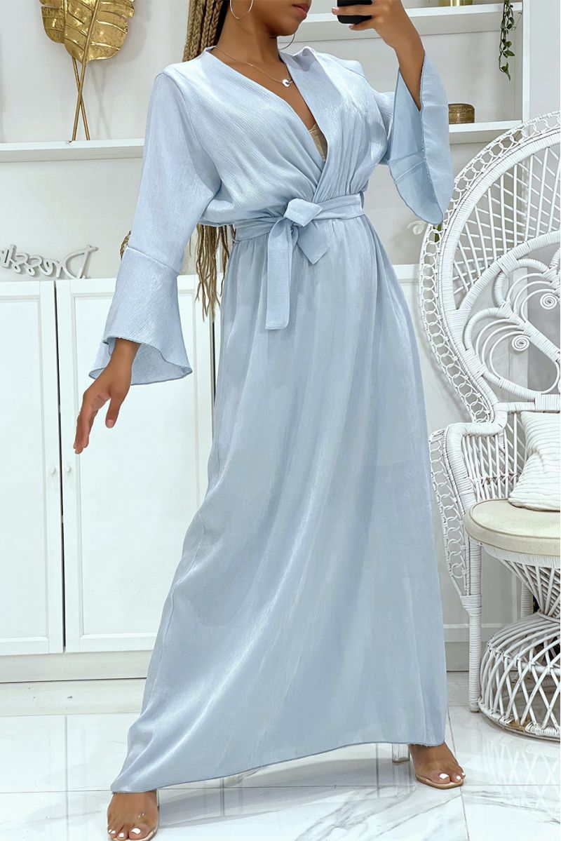 Long blue wrap dress thick material with pretty shiny reflections lined with a mid-length petticoat - 1