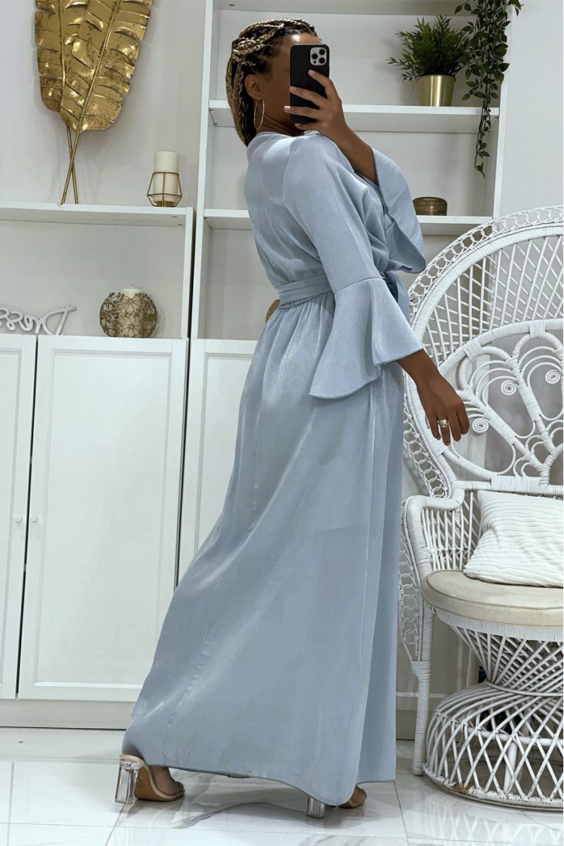 Long blue wrap dress thick material with pretty shiny reflections lined with a mid-length petticoat - 4