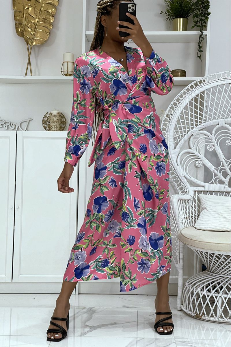 Pretty fuchsia pink wrap dress crossed at the waist and V-neck with super trendy print - 1