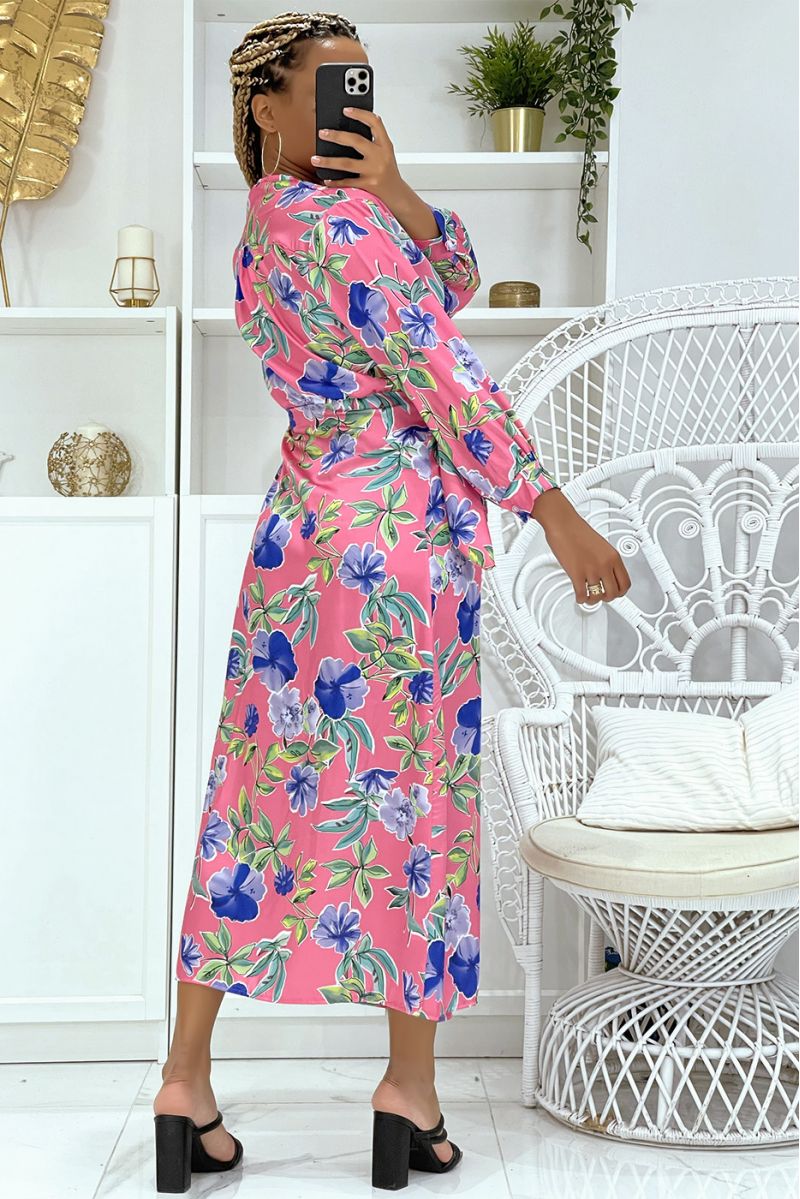 Pretty fuchsia pink wrap dress crossed at the waist and V-neck with super trendy print - 2