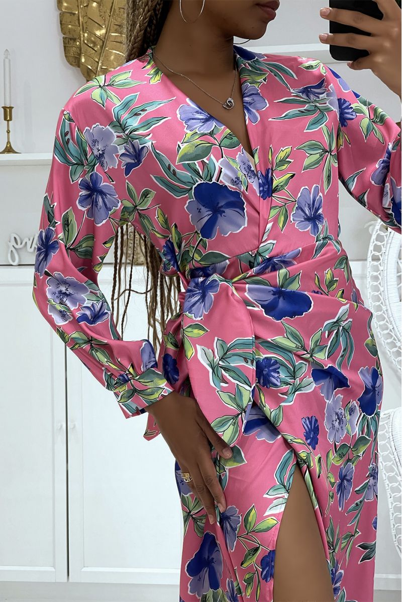 Jolie robe portefeuille rose fuchsia croisée à la taille et col V à imprimé hyper tendance - 3