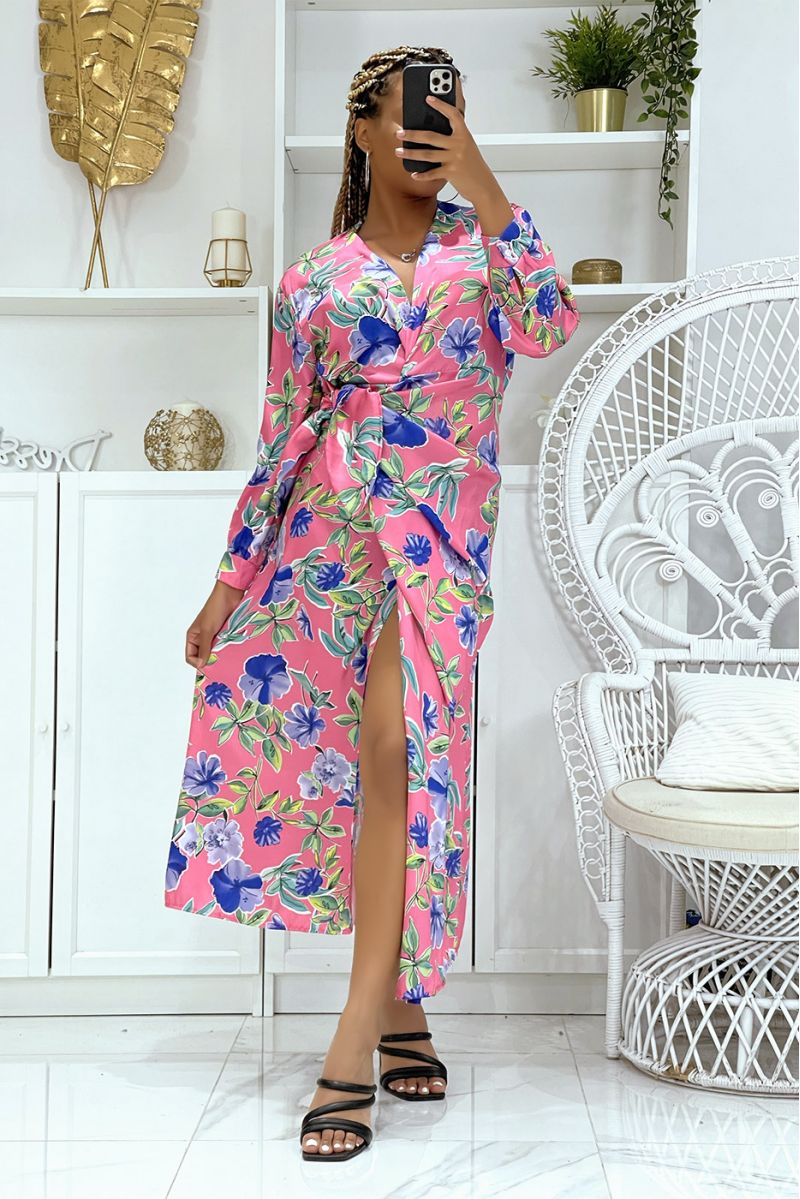 Pretty fuchsia pink wrap dress crossed at the waist and V-neck with super trendy print - 5