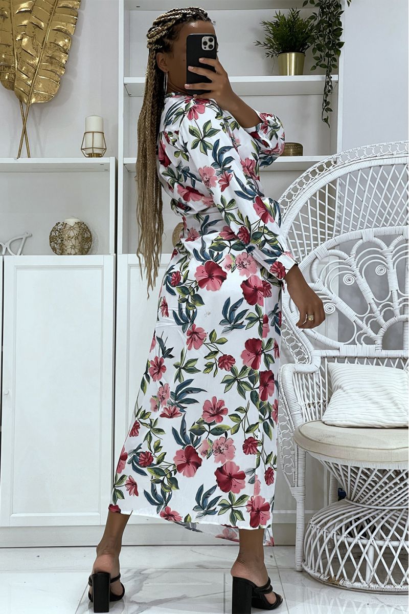 Pretty white wrap dress crossed at the waist and V-neck with super trendy print - 3