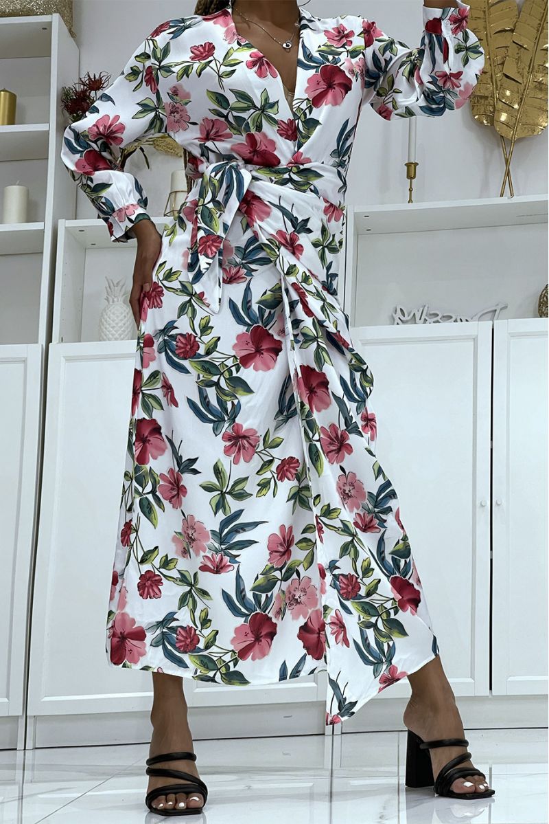 Pretty white wrap dress crossed at the waist and V-neck with super trendy print - 4