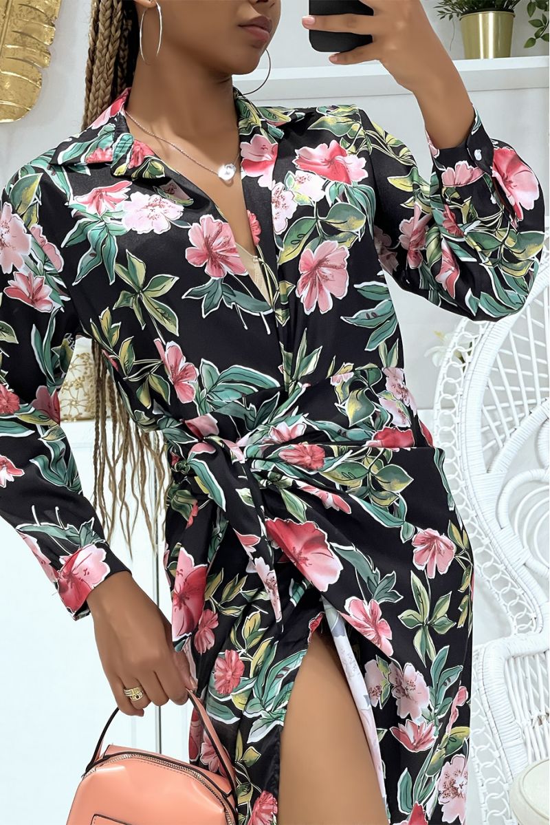 Pretty black wrap dress crossed at the waist and V-neck with super trendy print - 2