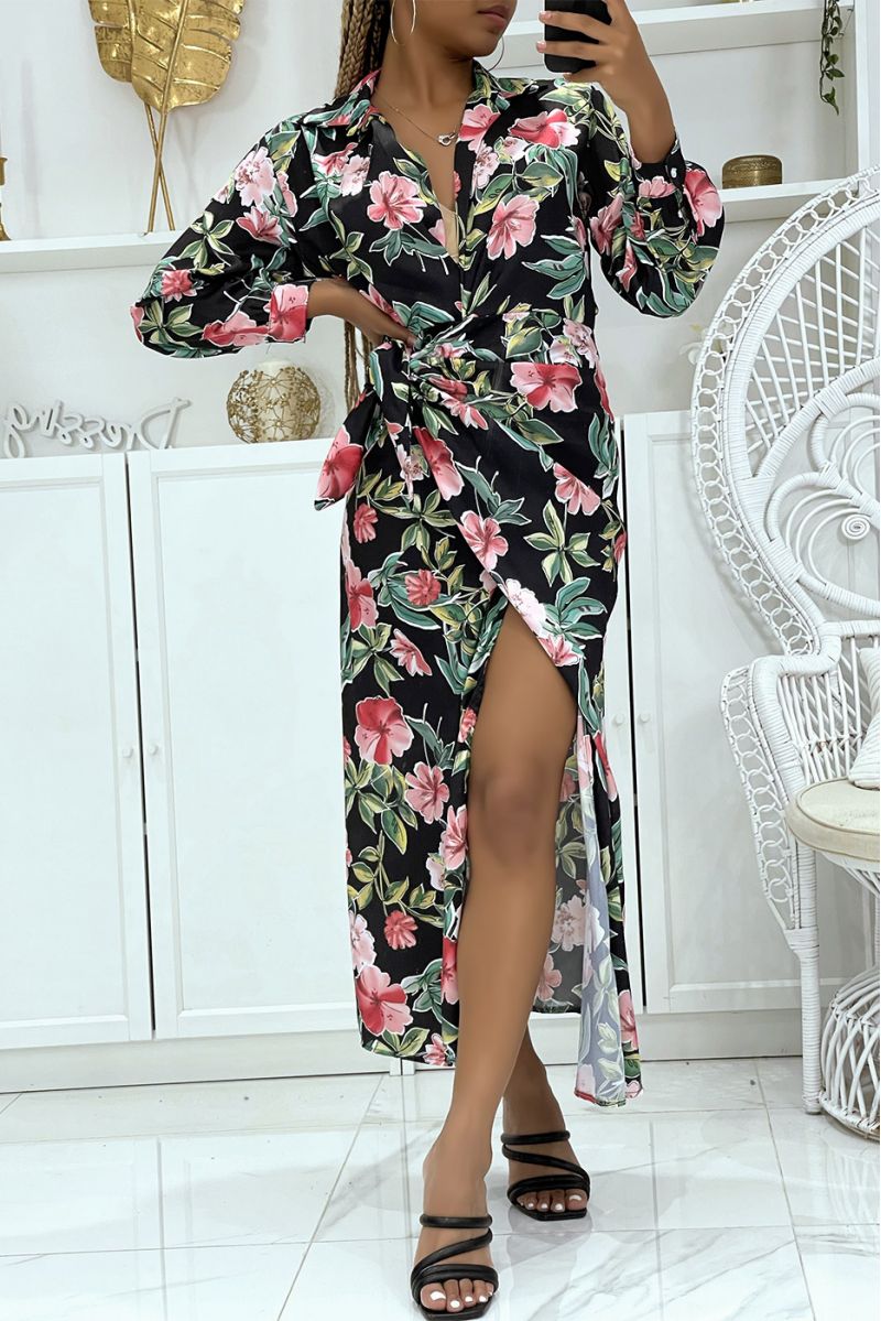 Pretty black wrap dress crossed at the waist and V-neck with super trendy print - 3