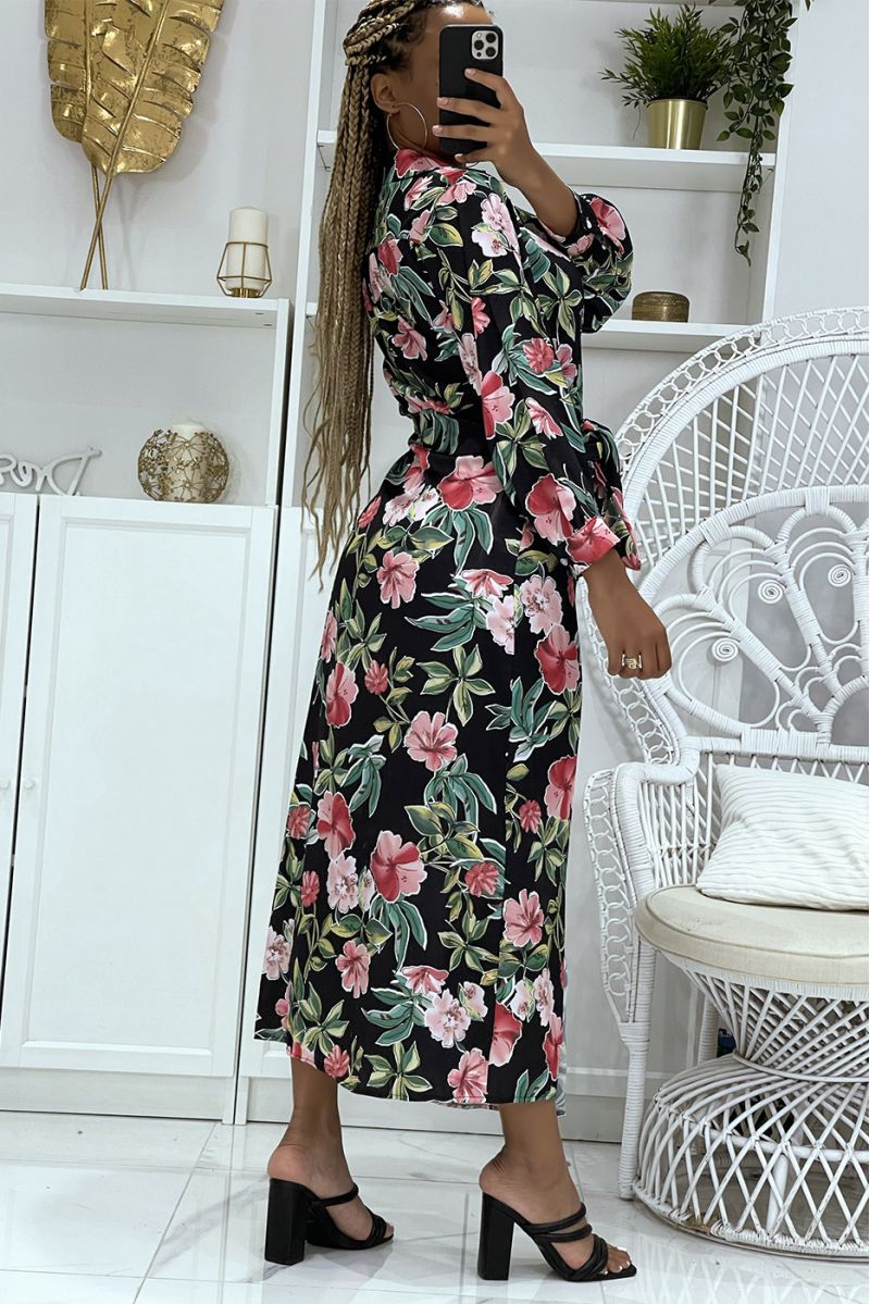 Pretty black wrap dress crossed at the waist and V-neck with super trendy print - 4