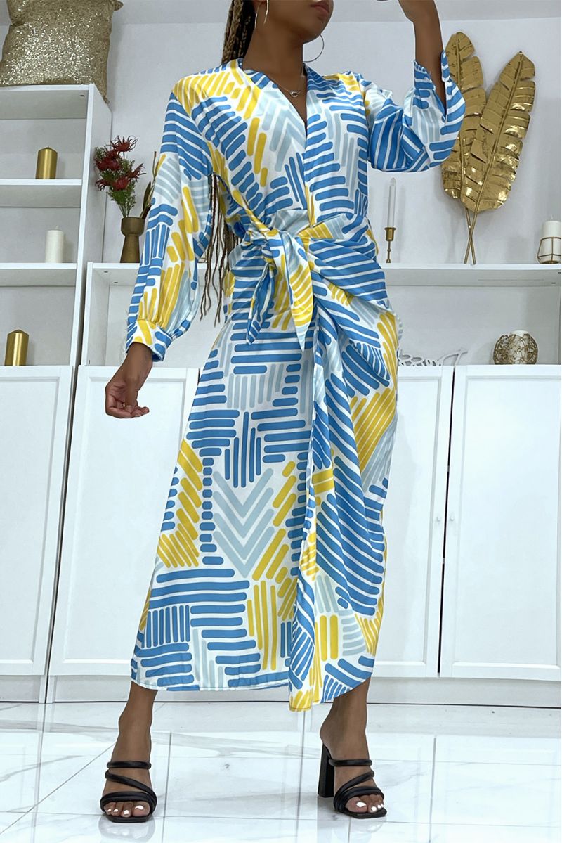 Pretty blue wrap dress crossed at the waist and V-neck with super trendy print - 2