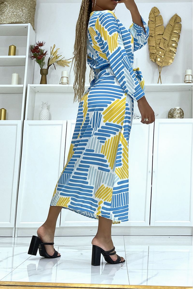 Jolie robe portefeuille bleu croisée à la taille et col V à imprimé hyper tendance - 3