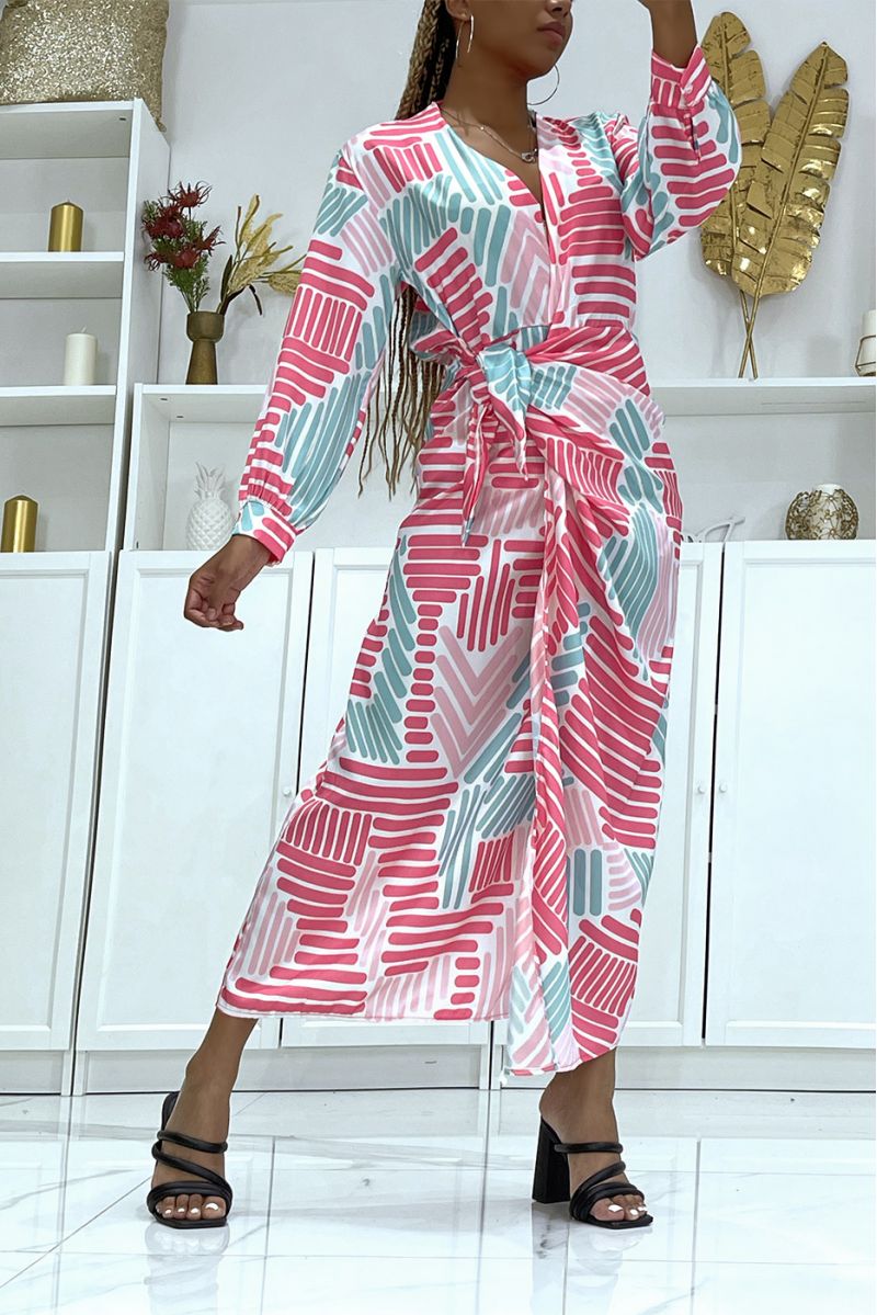 Pretty water green and fuchsia pink wrap dress crossed at the waist and V-neck with super trendy print - 2