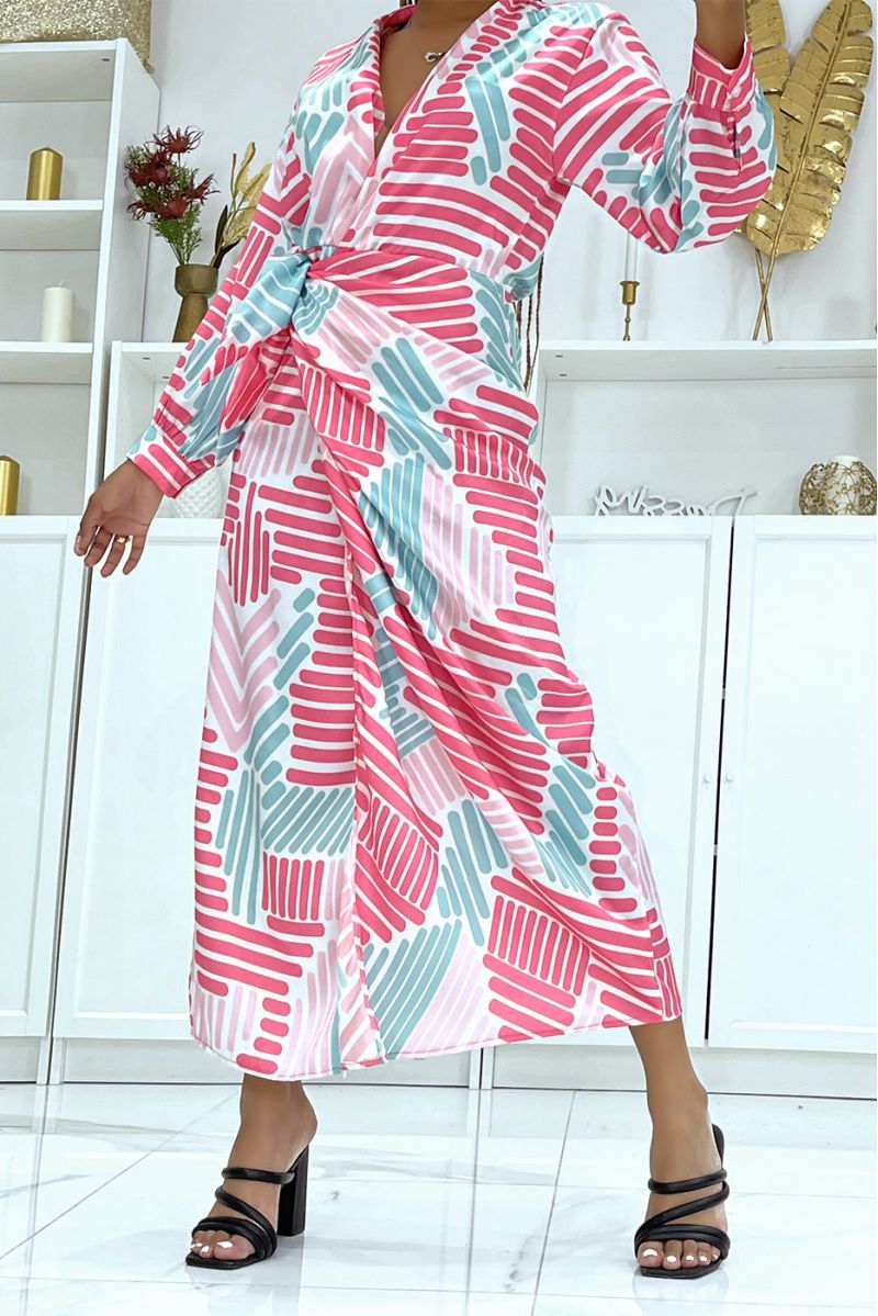 Pretty water green and fuchsia pink wrap dress crossed at the waist and V-neck with super trendy print - 3