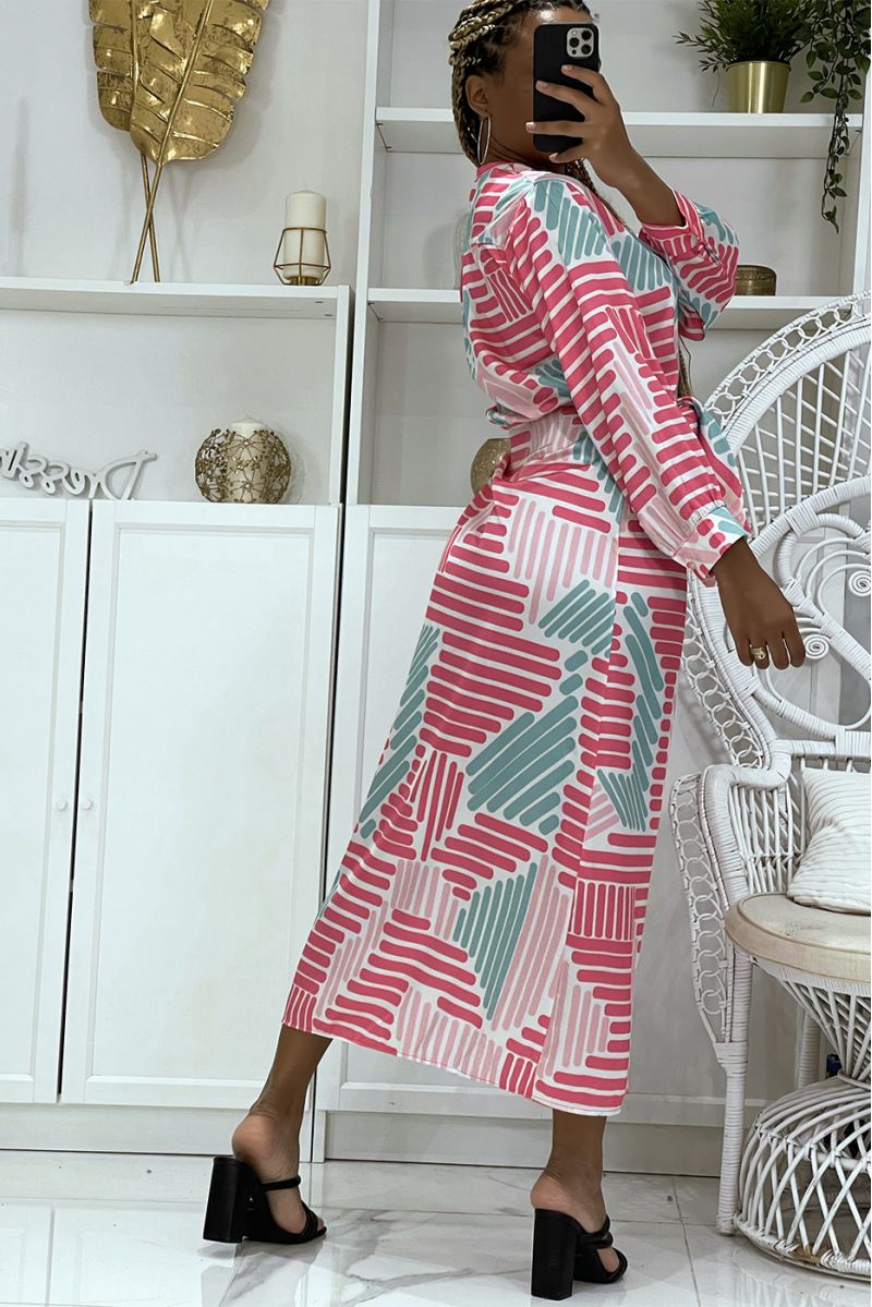 Pretty water green and fuchsia pink wrap dress crossed at the waist and V-neck with super trendy print - 5