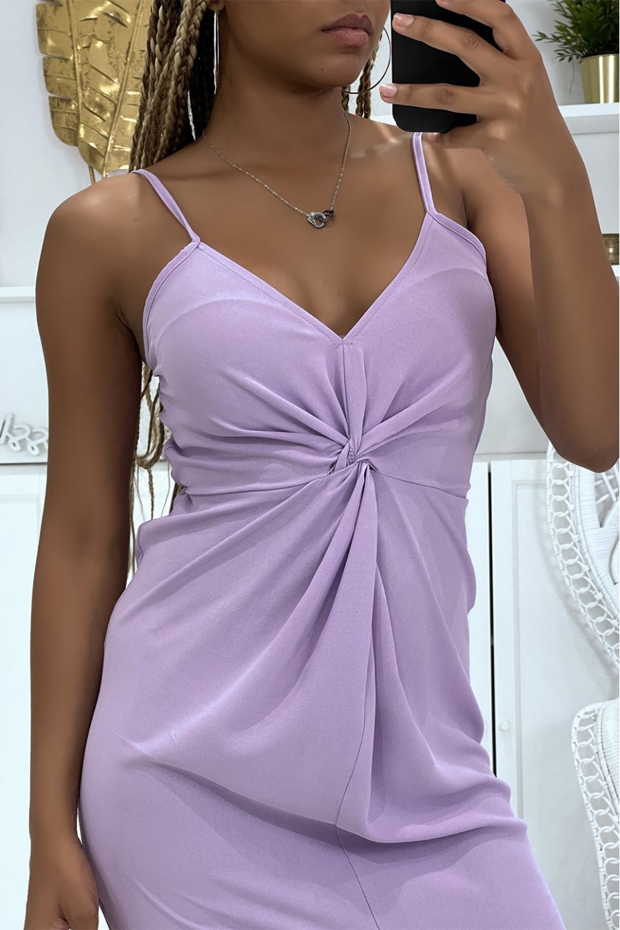 3/4 length lilac dress wasp waist cut and generous shape with thin straps and V-neck - 2