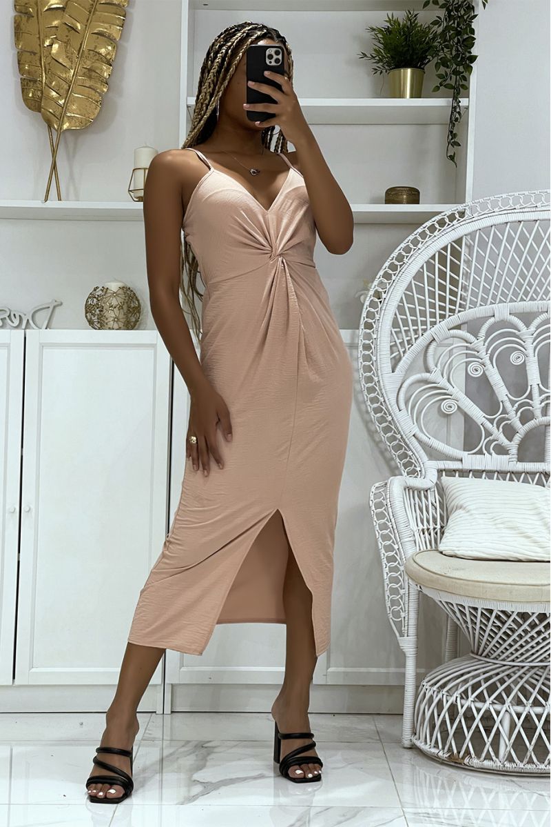 Pink dress 3/4 length, hourglass cut and generous shape with thin straps and V-neck - 1