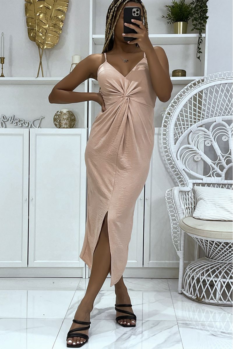 Pink dress 3/4 length, hourglass cut and generous shape with thin straps and V-neck - 3