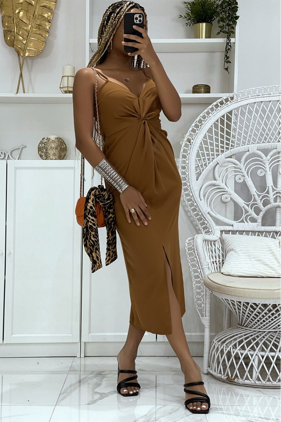 Camel 3/4 length dress, hourglass cut and generous shape with thin straps and V-neck - 1