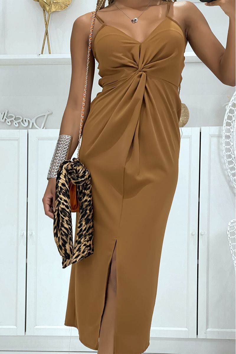 Camel 3/4 length dress, hourglass cut and generous shape with thin straps and V-neck - 2