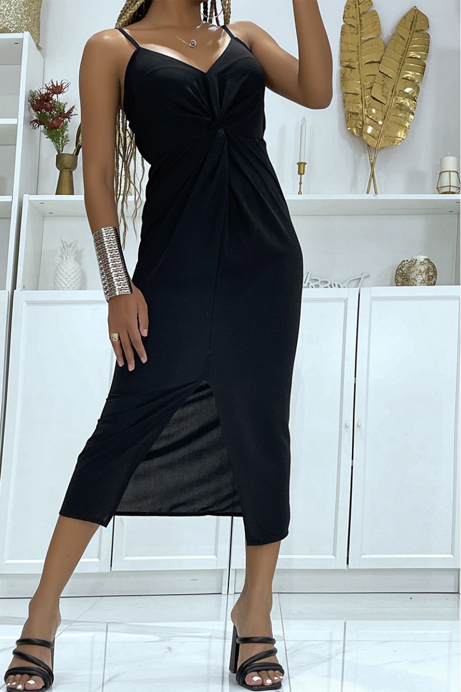 Black 3/4 length dress, hourglass cut and generous shape with thin straps and V-neck - 3