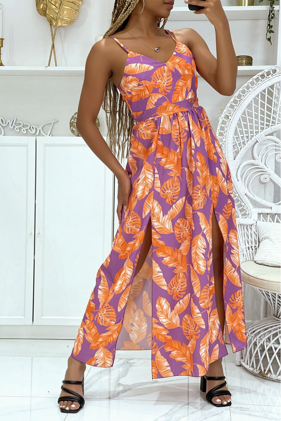 Longue robe orange et lilas fendue sur les cotés à motifs feuillages hyper tendance - 1