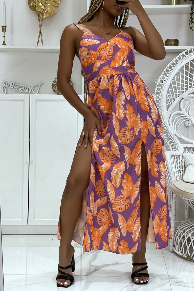 Long orange and lilac dress split on the sides with trendy foliage patterns - 2