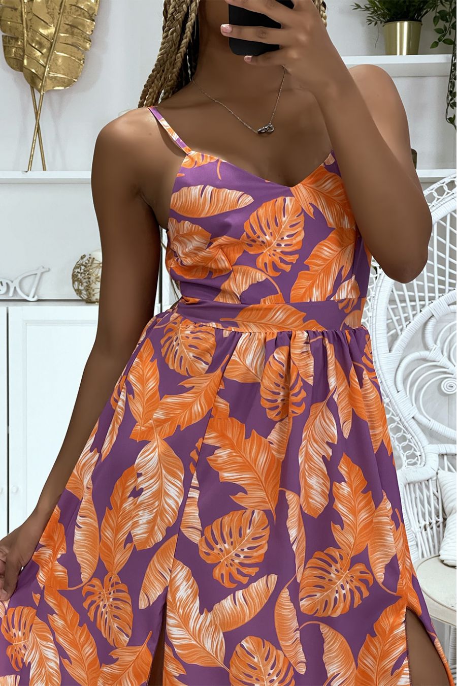 Longue robe orange et lilas fendue sur les cotés à motifs feuillages hyper tendance - 3