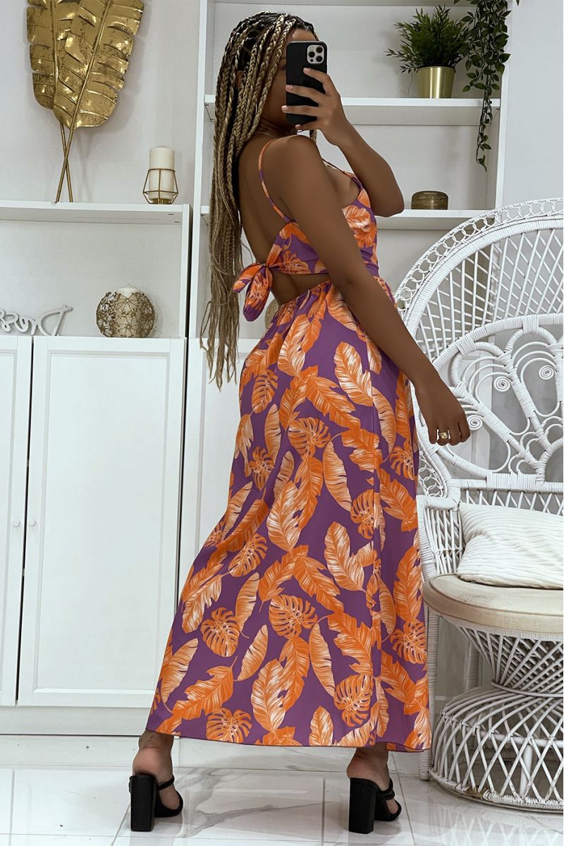 Long orange and lilac dress split on the sides with trendy foliage patterns - 4