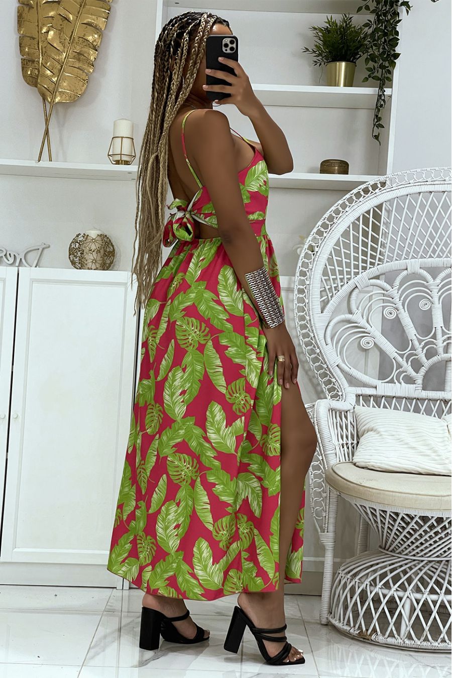 Long green and fuchsia dress with slits on the sides with trendy foliage patterns - 3