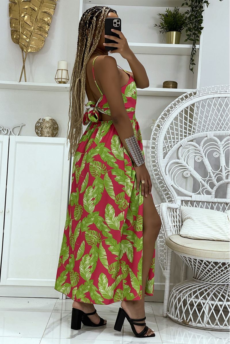 Longue robe vert et fuchsia fendue sur les cotés à motifs feuillages hyper tendance - 3