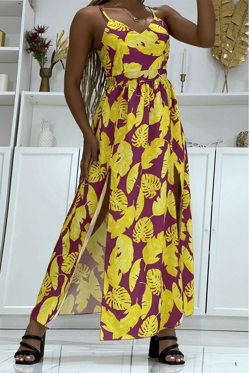 Lange gele en lila jurk met split aan de zijkanten met trendy bladermotieven - 1