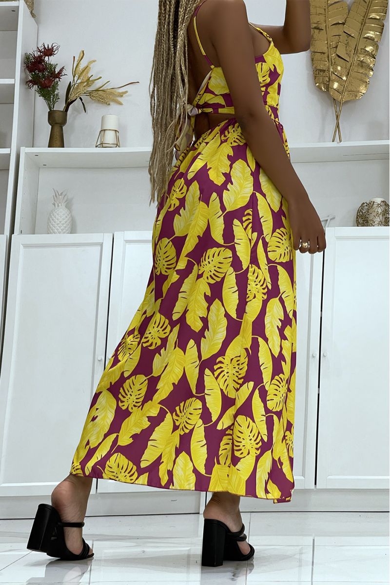 Lange gele en lila jurk met split aan de zijkanten met trendy bladermotieven - 2