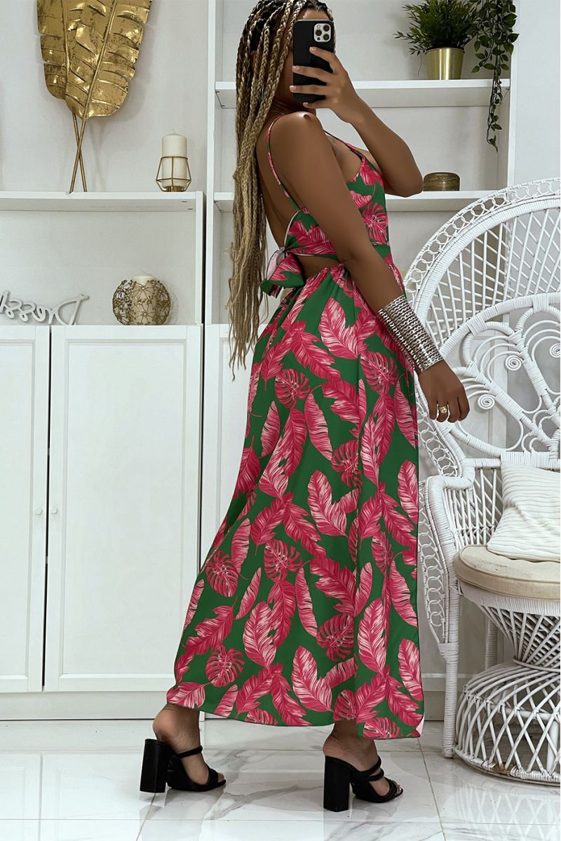 Long fuchsia and green dress slit on the sides with trendy foliage patterns - 4